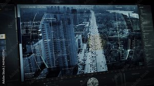 Futuristic police scanner is analyzing the drone live feed. Futuristic police scanner searching for the stolen vehicle. Futuristic police scanner has detected the target car driving out of the town.