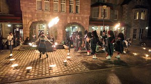 Ballater & District Pipe Band playing Cabar Feidh, surrounded by members of PyroCeltica fire show, who were entertaining guests outside The Fife Arms in Braemar over the weekend. This was part of the Burns Night celebrations arranged by the hotel for guests on Saturday 25th January 2025. Ballater Pipe Band, led by Pipe Major James Cooper, played the set of tunes Cabar Feidh, Shores of loch bee , Battle of Waterloo and 51st Highland Division at Wadi Akarit. Based in Edinburgh, PyroCeltica have be