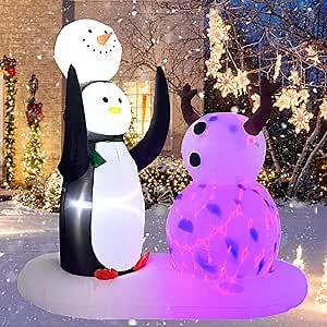Inflatable Snowman Penguin Christmas Outdoor Yard Decorations 6FT Cute Blow up Xmas Decoration with Colorful Rotating Led Lighted Yard Décor for Indoor Outside Holiday Party Garden Lawn