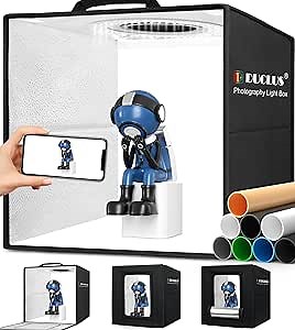 DUCLUS Light Box Photography, 12"x12" Photo Booth Box with 120 LED Lights Dimmable & CRI＞95, Portable Lightbox with 8 Backdrops for Mini Product Photography: Jewelry, Cards, Watches