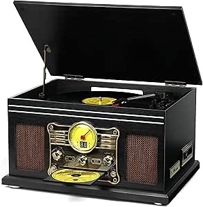 Bluetooth Record Player 10 in 1,FEKTIK 3-Speed Turntable for Vinyl with Speakers, LP to MP3 Converter, CD, Cassette Player, FM Radio, Wireless Streaming | Black