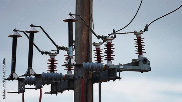 A detailed view of power line infrastructure, focusing on the insulators and conductors attached to a utility pole.