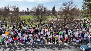 A viewer sent us drone footage showing protesters and counter-protesters at the “Hands Off” protest in Spokane. Video credit: Tim McGee | KHQ Local News