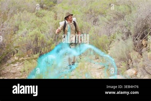 Male hiker walking up narrow trail causing turquoise wave sweeping around poles, smiling for hiking. Trekking, backpack, path, scrubland, chaparral, outdoors, energy Stock Video Footage - Alamy