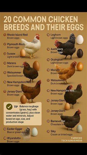 20 COMMON CHICKEN BREEDS AND THEIR EGGS Here’s a simple list of popular chicken breeds and the kind of eggs they lay: 1️⃣ Rhode Island Red – Brown eggs 2️⃣ Leghorn – White eggs 3️⃣ Plymouth Rock – Brown eggs 4️⃣ Sussex – Light brown eggs 5️⃣ Australorp – Brown eggs 6️⃣ Orpington – Light brown eggs 7️⃣ Marans – Dark brown eggs 8️⃣ Welsummer – Speckled brown eggs 9️⃣ New Hampshire Red – Brown eggs 🔟 Jersey Giant – Brown eggs 1️⃣1️⃣ Barnevelder – Chocolate brown eggs 1️⃣2️⃣ Easter Egger – Blue or 