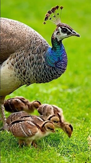 Peahen (female peafowl) with her chicks, also known as peachicks