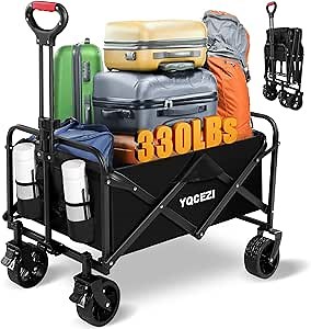 Collapsible Wagon, Large Capacity Camping Wagon with Wheels and Adjustable Handles - Foldable for Shopping, Fishing, Sports, Outdoor, Camping, Beaches - Black