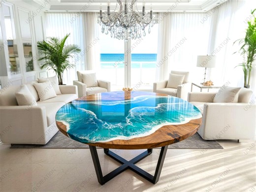 Modern Rustic Round Dining Table – Handmade Blue Ocean Waves Epoxy Resin - Etsy UK