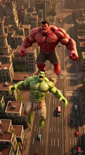 Rad Hulk kicks Hulk off a tall building. While falling, Hulk transforms into an Angry Hulk