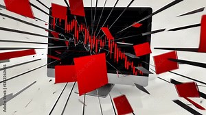 Broken computer monitor with shattered screen displays financial stock market crash with a red downward trend line. Concept of financial crisis, stock market decline and economic instability