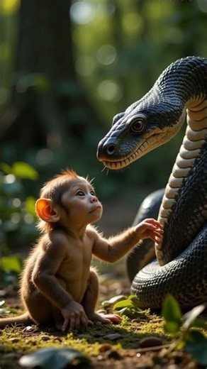 Baby Monkey Interacts with Giant Snake—A Mesmerizing Jungle Encounter! #animalvideos