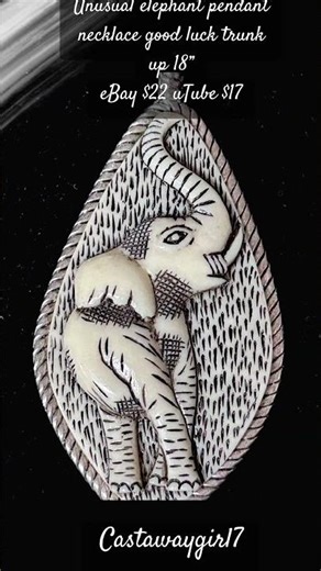 Faux ivory carved elephant pendant necklace good luck 18” -read description box