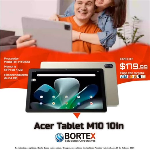 📱 Acer Tablet M10 – 10” FHD IPS (4GB / 64GB) – Android 12 💞📚 Febrero también es compartir ideas, apuntes y momentos. Una tablet perfecta para estudiar, crear y disfrutar. ✅ Pantalla 10” FHD IPS – ideal para clases, lectura y contenido. ✅ Android 12 – experiencia fluida y actualizada. ✅ Diseño ligero y portátil – llévala a donde quieras. 📦 Servicio a domicilio disponible: GRATIS en la zona metropolitana y con costo adicional fuera de San Salvador 🏠🚚 (Restricciones aplican). ⏳ Disponibilidad
