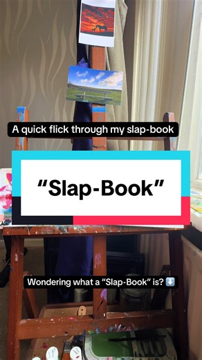 This is my “slap-book”. A scrap book I use for leftover paint. Any excess paint from other paintings is slapped straight in here instead of being thrown away. The pages build up naturally over time, creating unexpected colour combinations and textures. Why not give it a go yourself? #artontiktok #artistcheck #process #slapbook #artinprogress