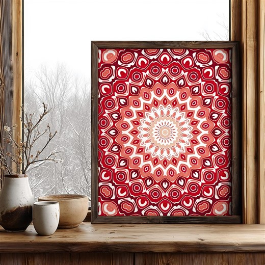 Red Pattern Wall Art, Bold Layered Design, Warm Circular Motif, Vibrant Abstract Artwork