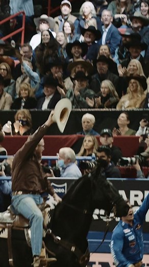 The victory lap that will go down in the history books. #fyp #rodeo #cowboy #sports #steerwrestling #western #nfr #vegas