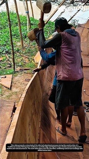 Shaping the Hull: Traditional Wooden Boat Side Plank Adjustment by Hand.