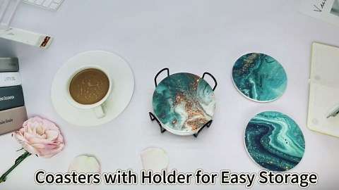 Blue Marble Ceramic Coasters with Holder Absorbent Drink Coaster Set Outdoor Round Abstract Cute Table Decorative Coffee Cup Beverage Fun Wine Beer Bar Gold Housewarming 6 Pack