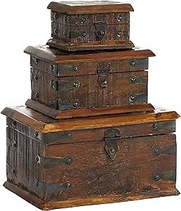 Deco 79 Reclaimed Wood Decorative Box Decorative Keepsake Boxes with Hinged Lid, Set of 3 Storage Boxes 11", 8", 5"W, Brown