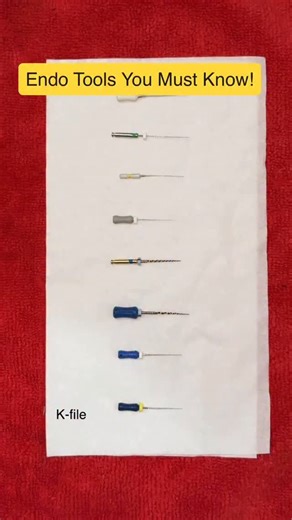 Dentistry My World 🌍 on Instagram: "Repost from @mrsdentistry 👏 🦷 1. K-File Use: For cleaning and shaping the root canal. Design: Twisted from a square or triangular stainless-steel wire. Motion: Watch-winding or push–pull filing motion. Function: Used for initial canal negotiation and smoothening of canal walls. Note: It’s less aggressive and gives good tactile control. 🦷 2. H-File (Hedström File) Design: Made by machining a round wire into a spiral with sharp edges. Use: For enlarging cana