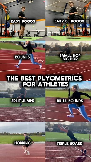 Frankie Arkwright | Football & Athletics S&C Coach on Instagram: "For a free plyometric guide, comment ‘plyometrics’ 🧨🧨 These are some of the best plyometrics you can do as an athlete! Easy pogos - develop tendon resiliency and elasticity🦘 SL pogos - progression from easy pogos! Bounds - Learn to apply force into the ground and improve ground contact ability🧨 Small hop big hop - Develop the ability to contract and relax and learn to hop with power📈 RR LL bounds - Reposition limbs efficientl