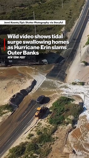 4.2M views · 24K reactions | Dramatic aerial footage shows storm surge flooding homes and a motel in North Carolina’s Outer Banks on Aug. 19 as Hurricane Erin battered the coast. Officials ordered evacuations in Dare County, warning of life-threatening winds and rising waters. | New York Post | Facebook