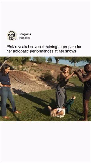Songkills | music on Instagram: "In a viral 60 Minutes clip, P!nk shows off her intense vocal training by singing while her coach, Dreya Weber, stands on her stomach. This helps her build core strength and breath control for her live shows, where she sings while performing aerial stunts. Follow @songkills for more! 🎶 . . . (pink, vocal training, breath control, live performance, vocal technique, singer training, stage performance, pop vocalist, behind the scenes)"