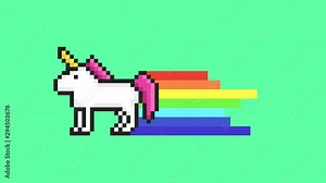 Pixel art. Arcade unicorn with Rainbow. Moving Clouds on a blue sky. Retro game style. Alpha channel. 4K resolution.