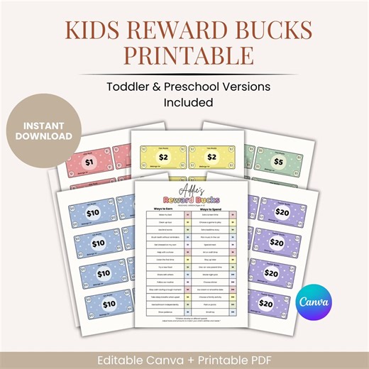 Kids Reward Bucks Printable | Editable Behavior Chart (canva) - Etsy Australia
