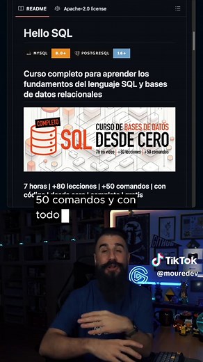 Curso de SQL y Bases de Datos desde cero 💾 Puedes consultar todas las lecciones y código en su repositorio: 🔗 mouredev.link/sql ⇨ 7 horas en vídeo ⇨ 80 lecciones ⇨ 50 comandos ⇨ Todo el código disponible ✨✨ GRATIS ✨✨ Aprender a trabajar con bases de datos y el lenguaje SQL es una habilidad esencial como programadores. No importa cuál sea tu campo, ya que el concepto de almacenamiento y manipulación de datos está presente en todos. En el curso se hace un repaso por todos los conceptos más impor