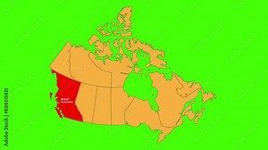 British Columbia map animated video. Map Highlighted on the Canada map with animation and colour with Green screen background in video format.