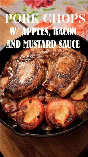 Heritage Pork Chops with Apples, Mustard-apple Cider Sauce, Bacon, and Crispy Sage 🐖🍎