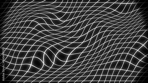 Visual white wavy grid line on black motion background. Turbulent wave grid lines background. Distorted, neon, futuristic, glow.