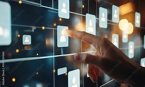 A hand interacting with a digital interface displaying user profiles and connections.