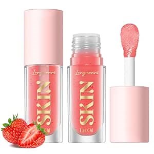 Big Brush Head Lip Glow Oil Plumping Tint, Tinted Lip Balm Transparent Lip Care, Moisturizing Non-sticky Fresh Shiny Texture Lip Oil - Strawberry (Pink)