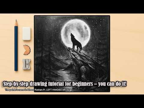 Easy Wolf Drawing Tutorial | Wolf on a Cliff Under a Giant Moon Step by Step