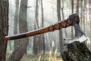 Viking long axe "Ragnar Lodbrok" with carving handle and leather wrap