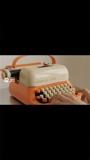 A cinematic showcase of a 1970s space-age retro-futuristic typewriter in vibrant orange and cream.