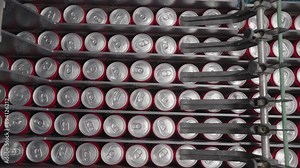 The moment when filled tin cans move along the production line in a fully automated bottling plant