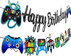 Game Birthday Party Banner 2Pcs Video Game Birthday Banners Black Glitter Video Banners Theme Party Decorations for Gaming Player Baby Shower Supplies
