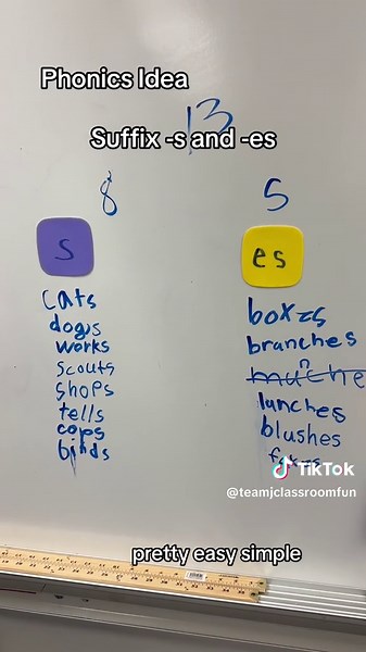 Fun way to practice suffix -s and -es with word study. Relay races always make things more exciting! LMK if you want the link to the clings. #wordstudy #suffixes #phonics #carsondellosa #phonicsactivities #1stgradeteacher #teachingphonics