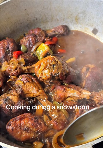 Brown Stew Chicken & Callaloo Rice during a snowstorm? YES! #caribbeanfood #jamaicanfood