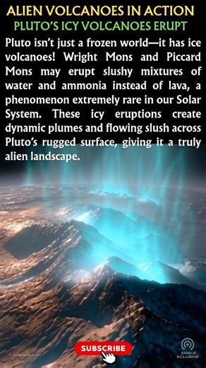 Did you know? Pluto has erupting ice volcanoes! Pluto may host ice volcanoes like Wright Mons and Piccard Mons, erupting slushy water–ammonia mixtures instead of lava—one of the rarest volcanic processes in our Solar System. ❄️🌋 #Pluto,#Cryovolcano,#Space,#Astronomy,#AlienWorlds,#IceVolcano,#WrightMons,#PiccardMons,#OuterSpace,#NASA,#Cosmos,#Astrophysics,#Science,#AstroPhotography,#SpaceExploration,#PlanetPluto,#IcyWorlds,#SpaceScience,#VolcanicEruption,#IceEruption,#SlushyVolcano,#FrozenPlanet