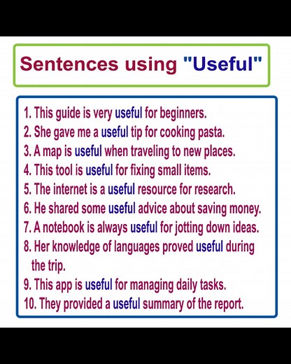 Learn English sentences using the word "Useful" Learn English Vocabulary online Meaning of Useful with example sentences Learn English sentences online #useful #English #englishteacher #dailyenglishpractice #learnenglishhere #learnenglishsentences #dailyenglish #englishtips #englishlearning | English Learning