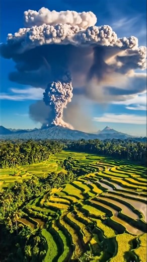THE VOLCANO GREW A GIANT “MUSHROOM” CLOUD IN MINUTES 🌋☁️ This is the kind of eruption that turns daylight into warning. That shape is an eruption column: hot ash and gas shoot up fast, then spread wide at the top when they hit a stable layer of air—creating that huge umbrella “cap.” If the eruption is strong, the column can climb for many kilometers, and ash can drift far with the wind while the volcano keeps releasing pressure. Scenes like this are common in the Ring of Fire, especially in pla