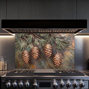 Pine Cones Design Kitchen Backsplash, Tempered Glass Backsplash, Copper Design Kitchen Backsplash Behind Stove Tempered Glass ,rustic Decor - Etsy