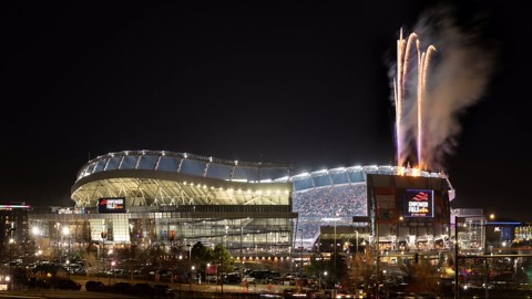 Fireworks captured over Empower Field during Broncos game against the Packers