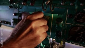 Man drives a flight simulator.The dashboard in the flight simulator.Control panel on the plane.