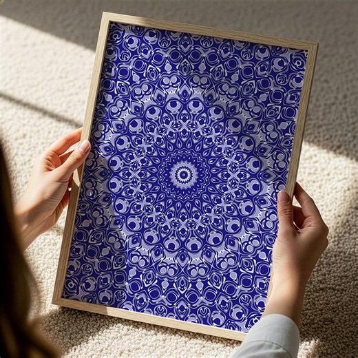 Blue Pattern Wall Art, Deep Indigo Ornamental Design, Layered Abstract Mosaic Artwork Print - Etsy