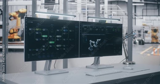 3D Robot Model on Control Panel With Data. Two Screens Display Complex Technical Data, One Monitor Shows 3D Visualization of Machinery Overlaid on Graphs. Real Time System Monitoring, Remote Control.